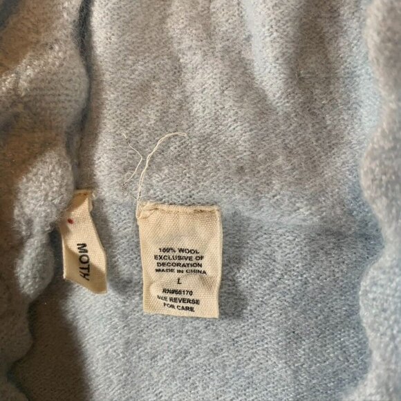 Moth Womens Large Sweater Light Blue Wool Hooded 3/4 Sleeve Pom Poms - Picture 2 of 5